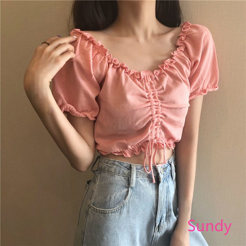 Áo kiểu croptop tay ngắn phối dây rút xinh xắn thời trang dành cho nữ