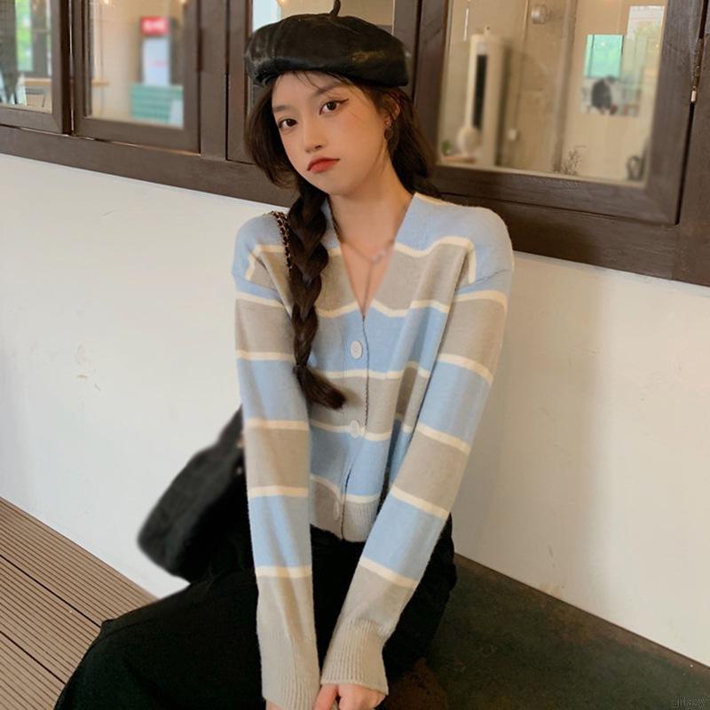 Áo len cardigan cổ chữ V tay dài phối nút gài thời trang dành cho nữ