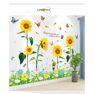Decal dán tường chân tường hoa sắc màu kết hợp hoa hướng dương