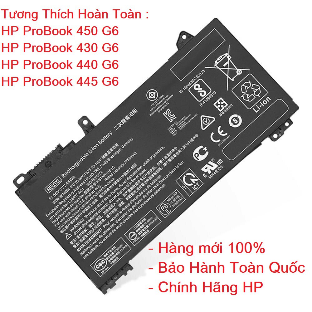 Pin Laptop HP ProBook 430 440 450 G6 Mã Pin RE03XL Loại 45WH Hàng New 100% Bảo Hành Toàn Quốc