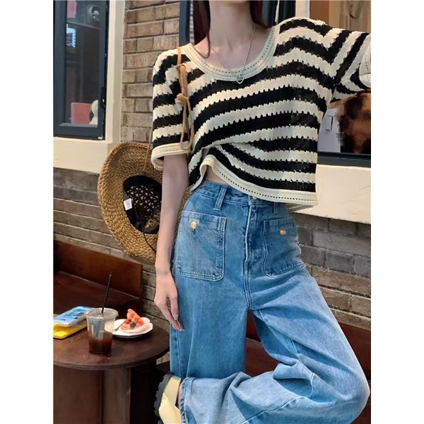COZOK Áo Thun Tay Ngắn Họa Tiết Kẻ Sọc Phong Cách Vintage Thời Trang Cho Nữ