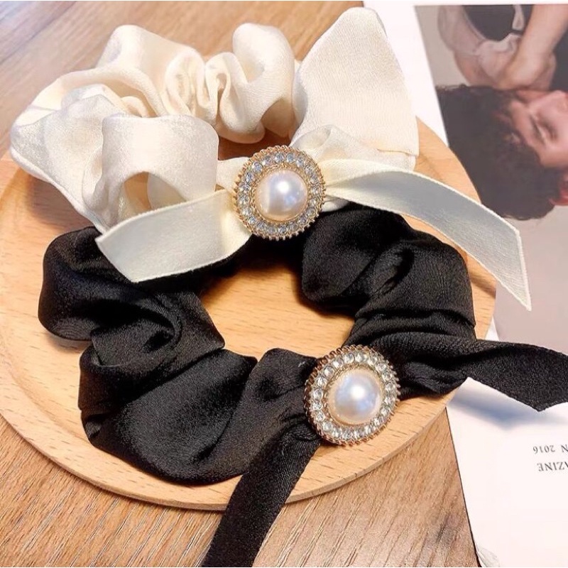 Dây cột tóc buộc tóc lụa đen trắng thiết kế dễ thương C18