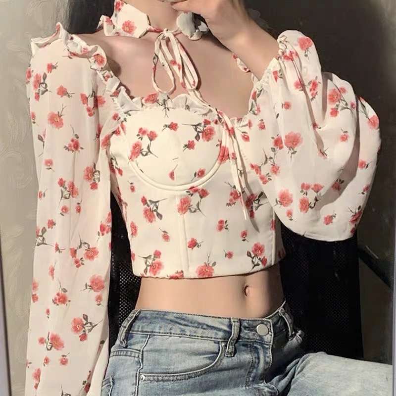 Áo hoa tay bồng kèm nơ cổ