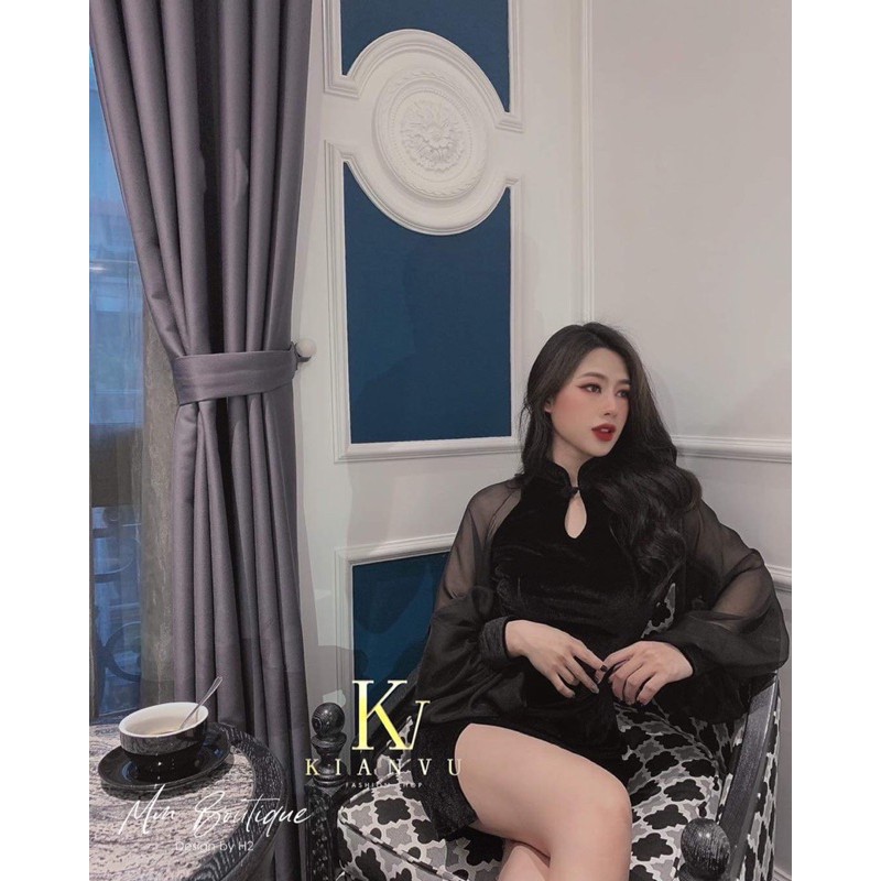 Đầm nhung tay lưới phồng cổ tàu xẻ tà chất vải nhung cao cấp - T5B | BigBuy360 - bigbuy360.vn