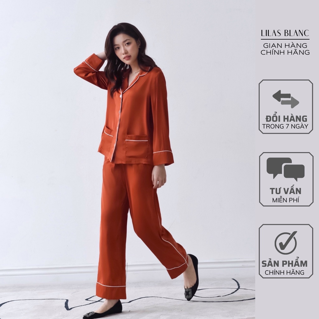 Bộ Pijama Nữ 𝐋𝐈𝐋𝐀𝐒 𝐁𝐋𝐀𝐍𝐂 Áo Dài Tay, Quần Dài Chất Lụa Cao Cấp Sang Trọng, Thanh Lịch | Màu Cam Nổi Bật