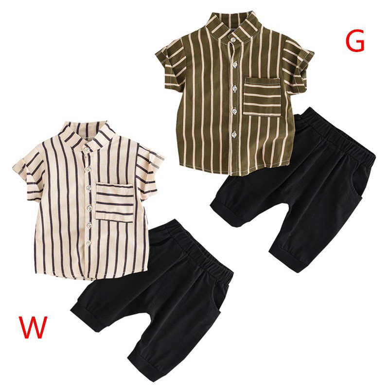 Set áo sơ mi ngắn tay họa tiết sọc và quần short cho bé trai