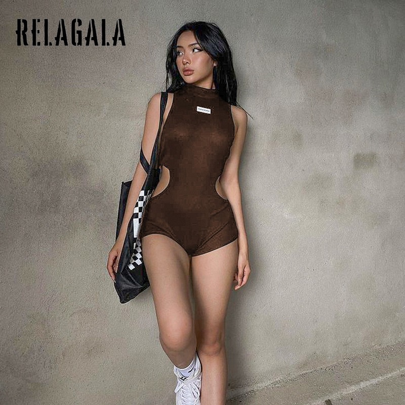 Relagala Áo liền quần Thể Thao Không Tay Cổ Lọ Hở Eo Ôm Dáng Cho Nữ