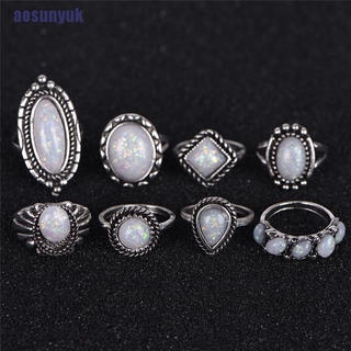 Set 8 nhẫn màu bạc khảm đá opal