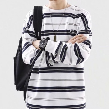 Áo Sweater tay dài dáng rộng kẻ sọc kiểu Hàn Quốc thời trang cho nam