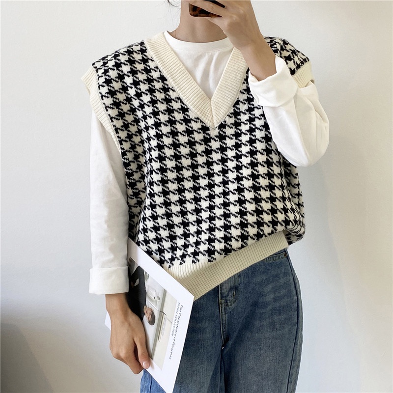 Áo Sweater Dệt Kim Cổ Chữ V Màu Sắc Tương Phản Phong Cách Retro Hợp Mùa Thu Đông