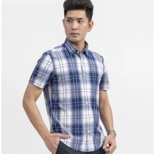 Áo sơ mi công sở nam tay ngắn Aristino màu xanh sọc caro trắng dáng slim fit vải sợi sồi cao cấp ASS004S9