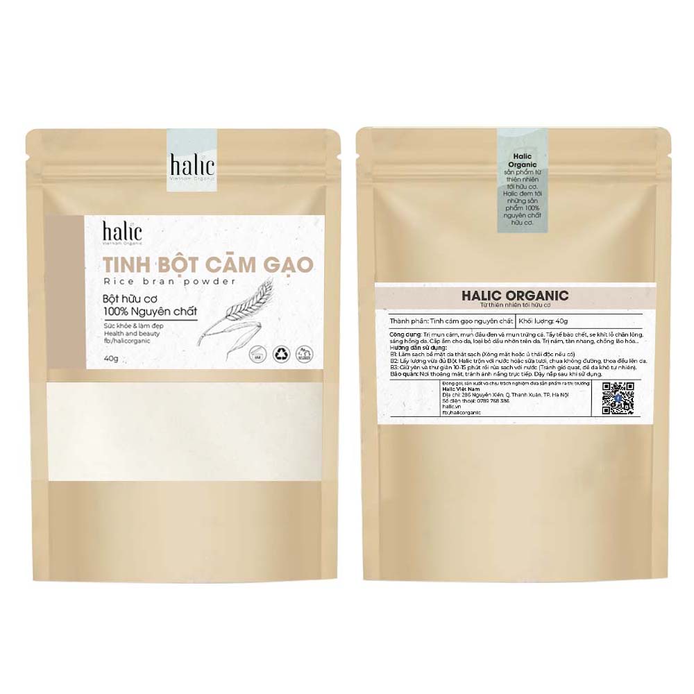 Tinh bột Cám Gạo nguyên chất Halic Organic 40G đắp mặt nạ dưỡng trắng da, tẩy da chết toàn thân hiệu quả