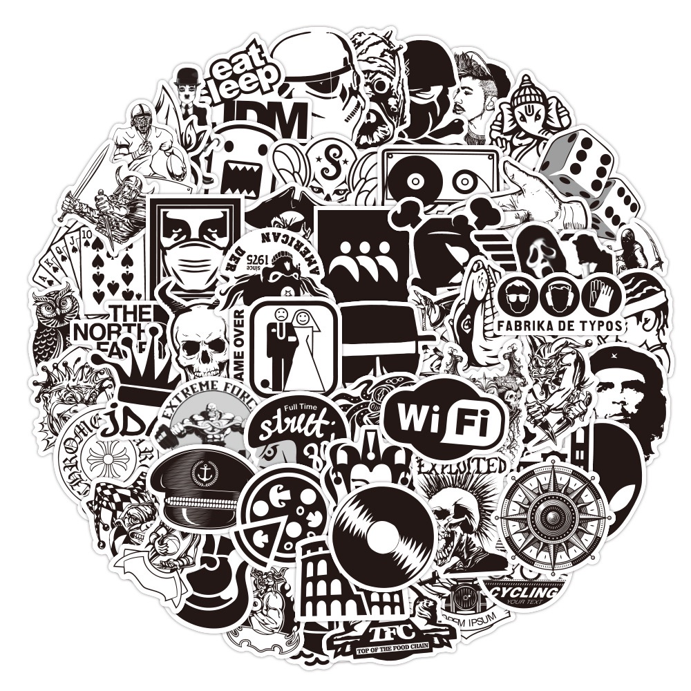 50 sticker TRẮNG ĐEN 3 trang trí Vali, Laptop, Mũ Bảo Hiểm, Xe Máy, Xe Đạp, Đàn 097