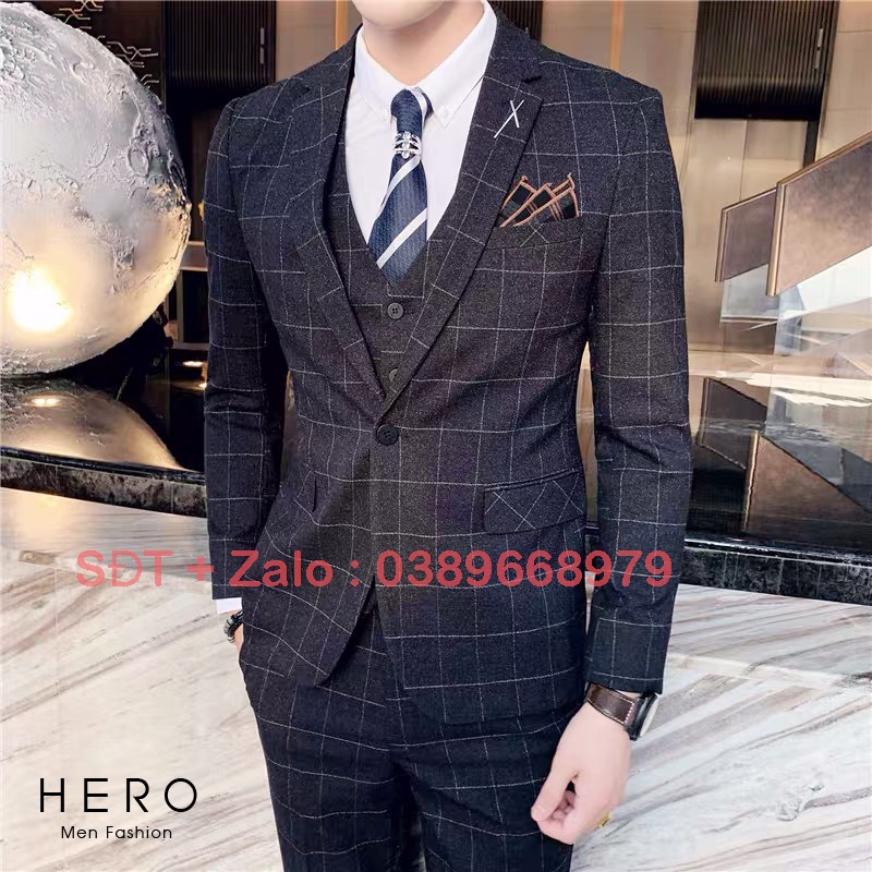 Bộ Vest Nam Cao Cấp kẻ caro màu đen, Bộ Suit Nam Hàn Quốc Kẻ caro đen ( Vải xịn 2 lớp )