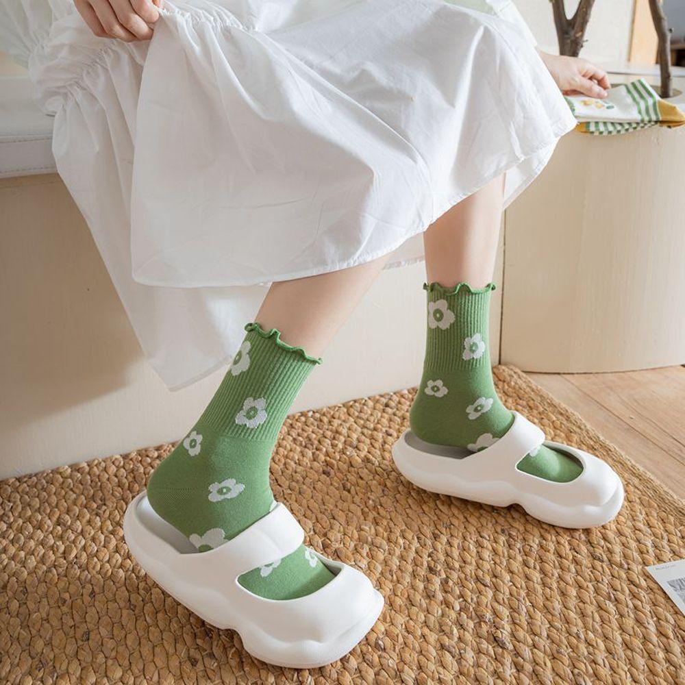 Vớ Cotton Cổ Trung Họa Tiết Kẻ Sọc / Hoa Tulip Ngọt Ngào Thoải Mái Thời Trang Cho Nữ VANES1