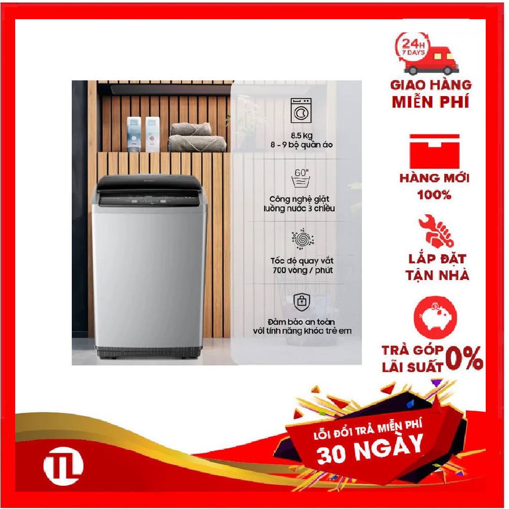 Máy Giặt Sharp 8.5 Kg ES-Y85HV-S KHÔNG INVERTER Khóa trẻ em,Bảng điều khiển Nút nhấn,Màn hình hiển thị thời gian