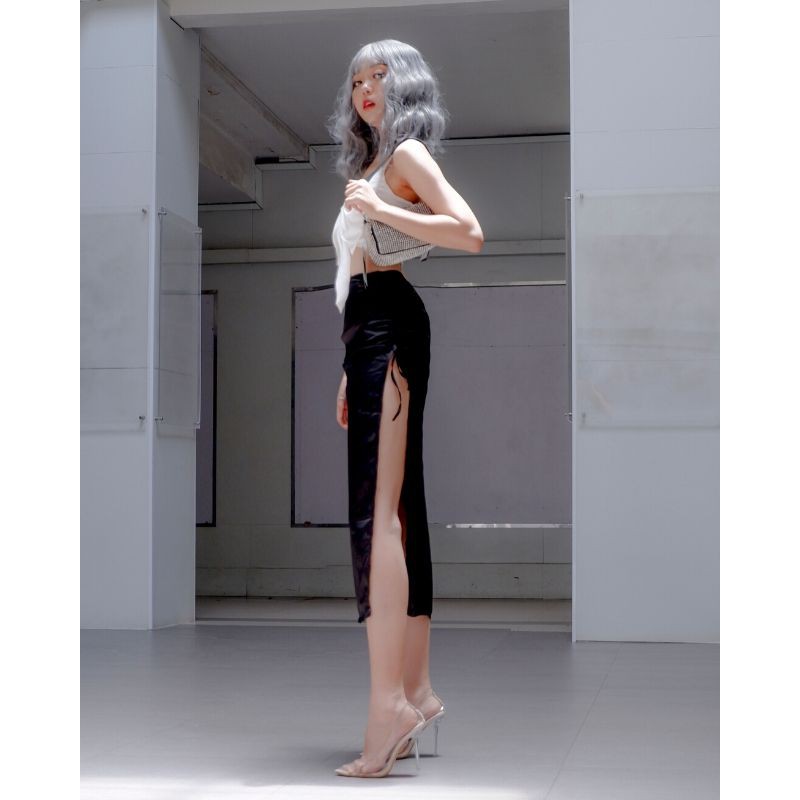 Chân váy lụa bóng dây rút 2 bên màu đen HCV21 Hỉn Hỉn Store | BigBuy360 - bigbuy360.vn