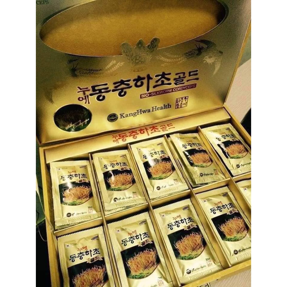 Nước đông trùng hạ thảo Hàn Quốc hộp gỗ rùa vàng 60 gói Kanghwa Bio-silkworm cordyceps