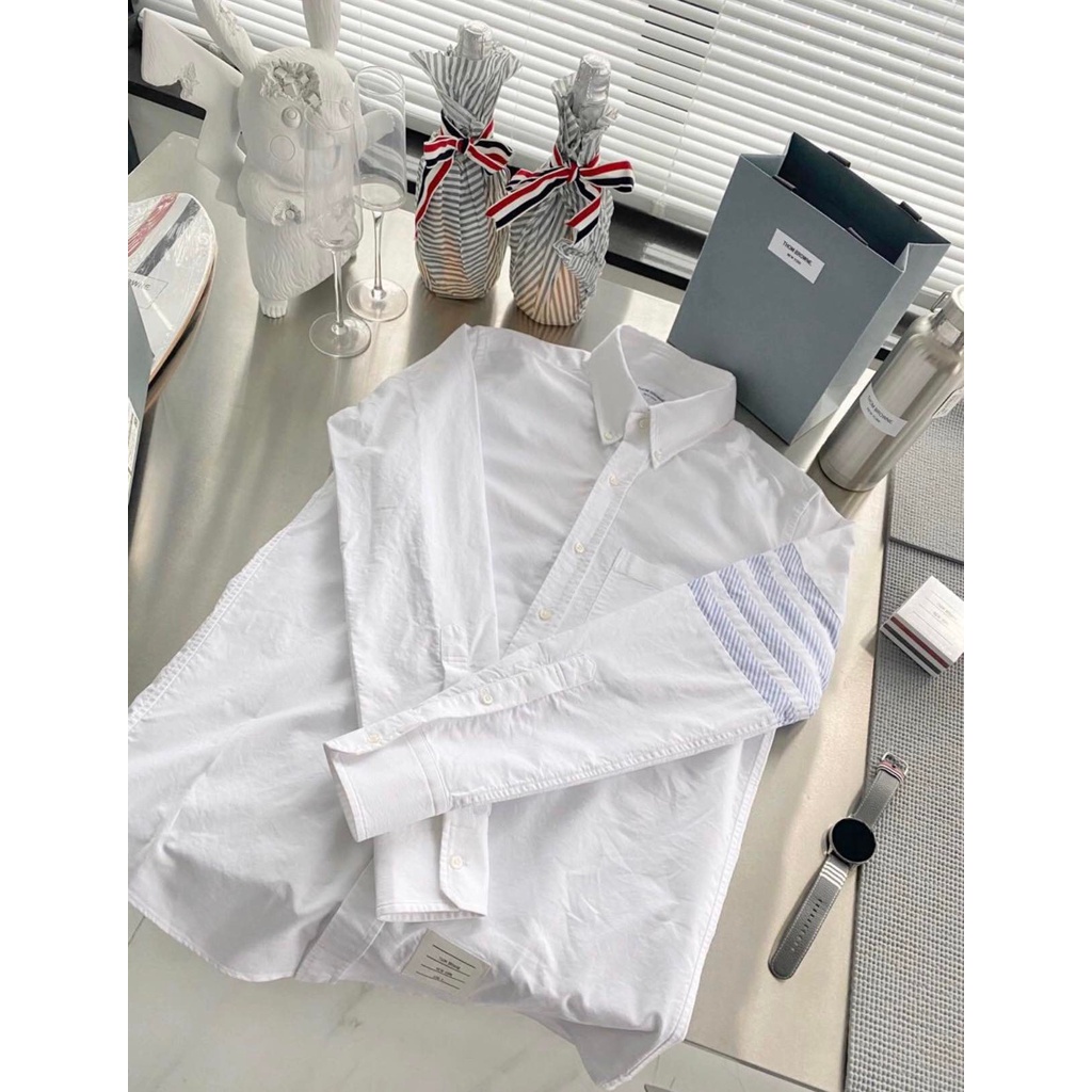 Áo Sơmi ThomBrowne Trắng 4 Vạch Kẻ Xanh - Vải Oxford - Ảnh Thật Ở Cuối