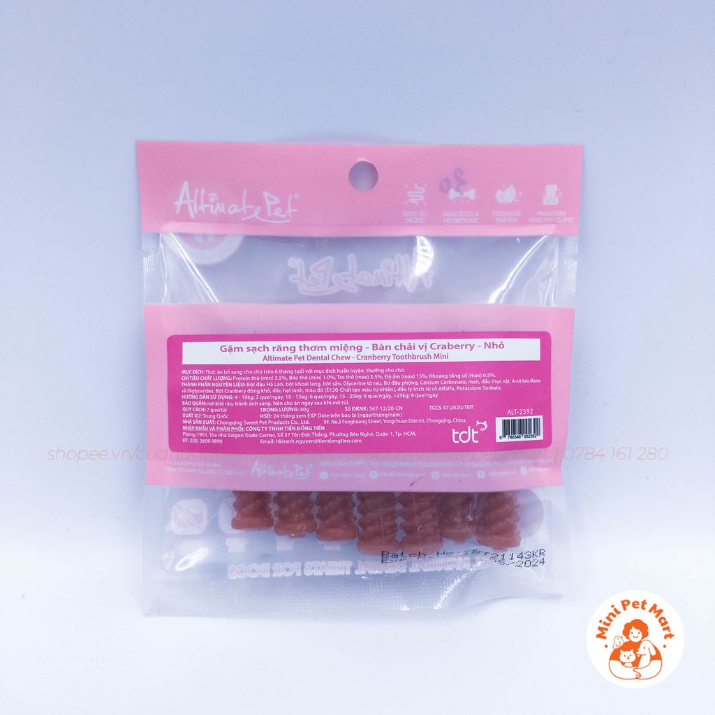 Xương gặm sạch răng thơm miệng cho chó dạng bàn chải ALTIMATE PET DENTAL CHEW (7 thanh) - vị bạc hà, sữa, cranberry
