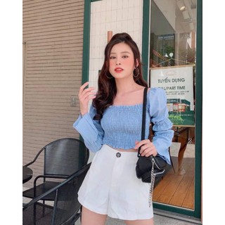 Áo croptop nhún tay bo phồng dài 2 màu