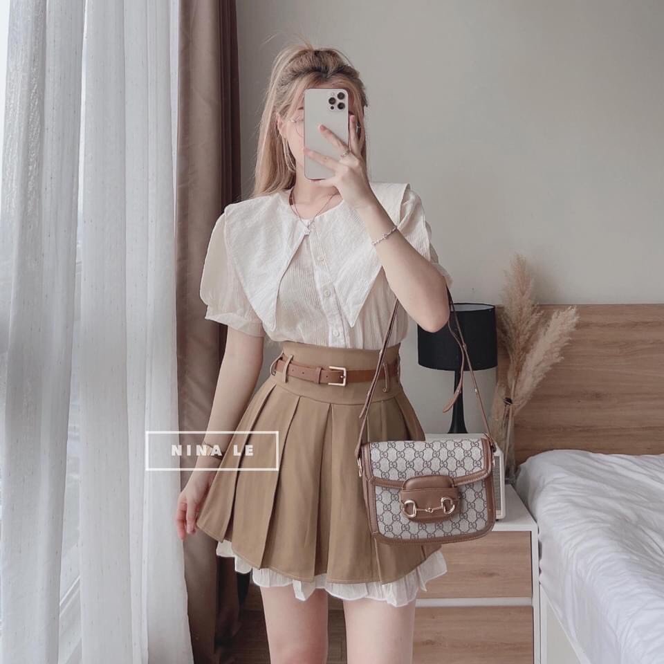 [Sẵn/Ảnh thật] Set áo sơ mi đũi kèm chân váy xếp ly cách điệu ulzzang