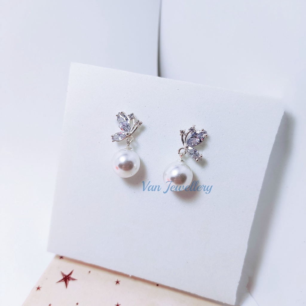 Bông tai bạc Bông Butterfly chạm Ngọc nạm đá siêu xinh