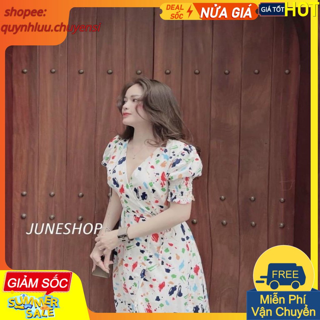 VN51 - VÁY HOA CỔ V CHÉO VẠT SẮC MÀU CHO NỮ