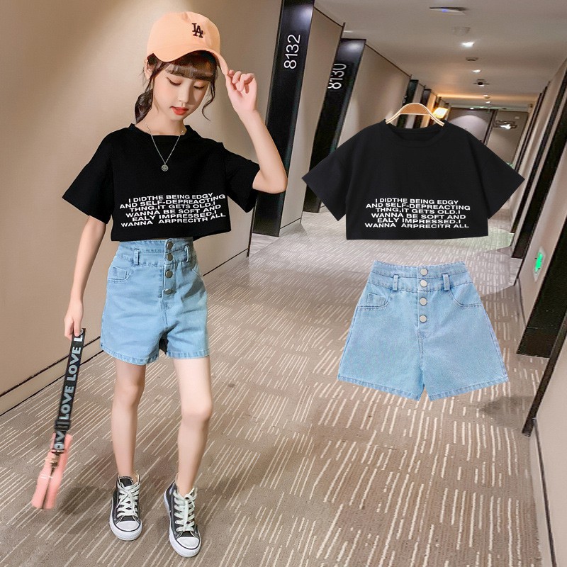 [SALE] BV58⚡Size110-160 (12-45kg)⚡set áo croptop+quần jean lưng cao bé gái⚡Thời trang trẻ Em hàng quảng châu freeship