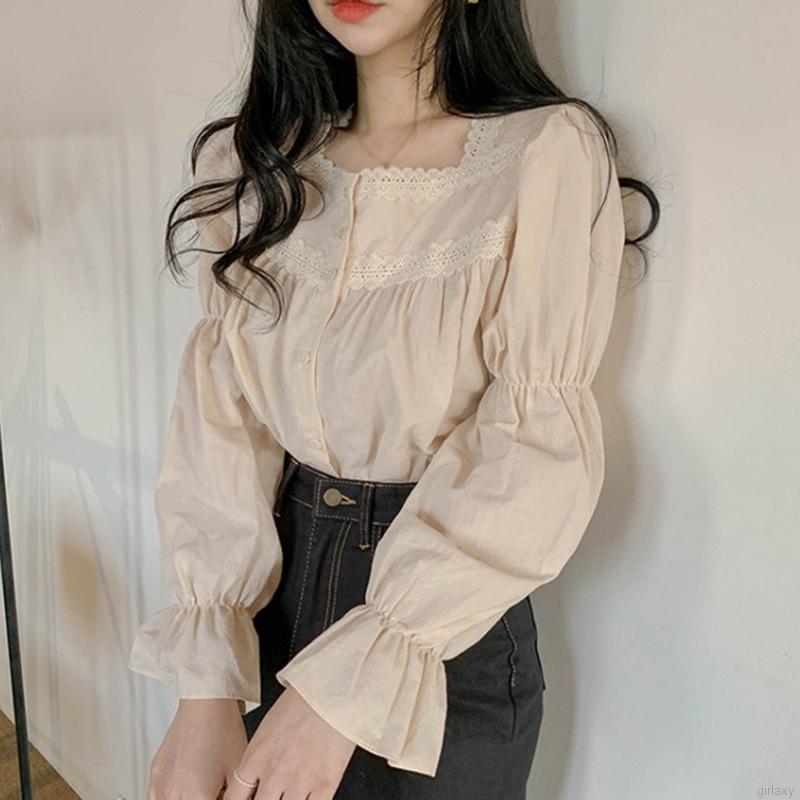 Áo Kiểu Tay Dài Cổ Vuông Phối Ren Phong Cách Retro Hàn Quốc Dành Cho Nữ | BigBuy360 - bigbuy360.vn
