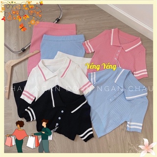 Snu630 - set nữ áo len cổ bẻ phối viền mix cvay