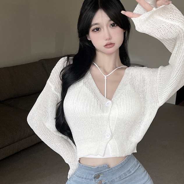 【ZHELIHANGFEI】Áo Cardigan Dệt Kim Tay Dài Cổ Chữ V Giả Hai Lớp Thời Trang