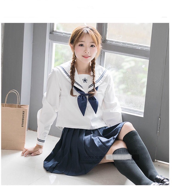 YAS0376-Set đồng phục Nhật thêu hoa anh đào xanh dương/đỏ