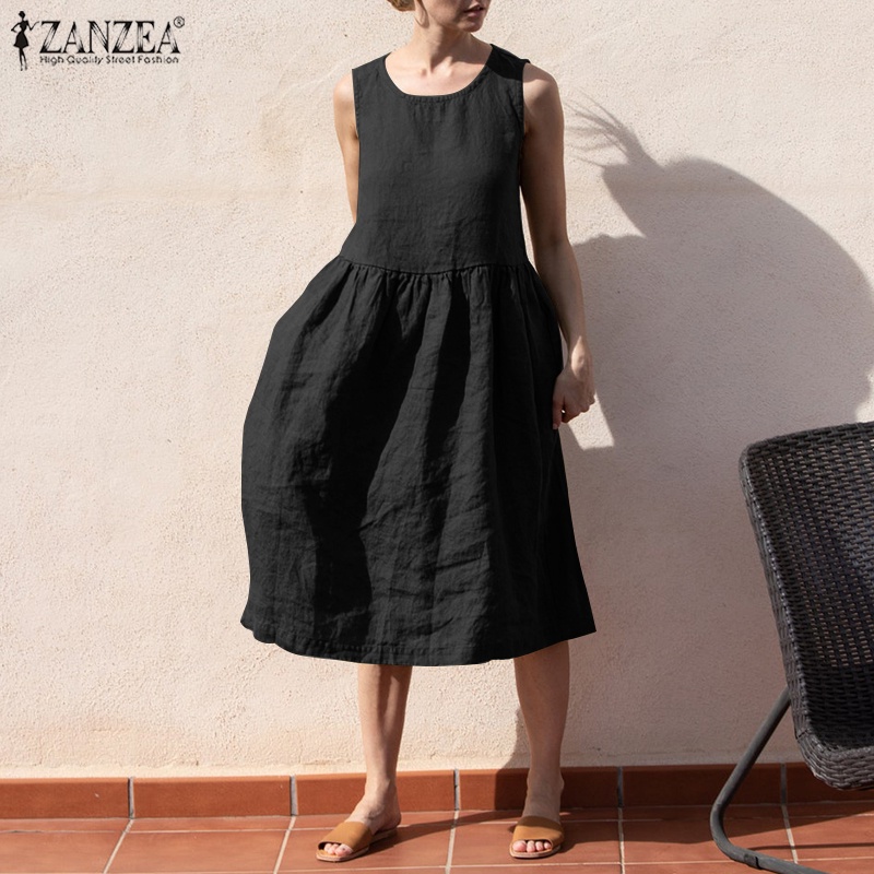 Đầm Dài Không Tay Cổ Tròn Màu Trơn Thời Trang Cho Nữ ZANZEA