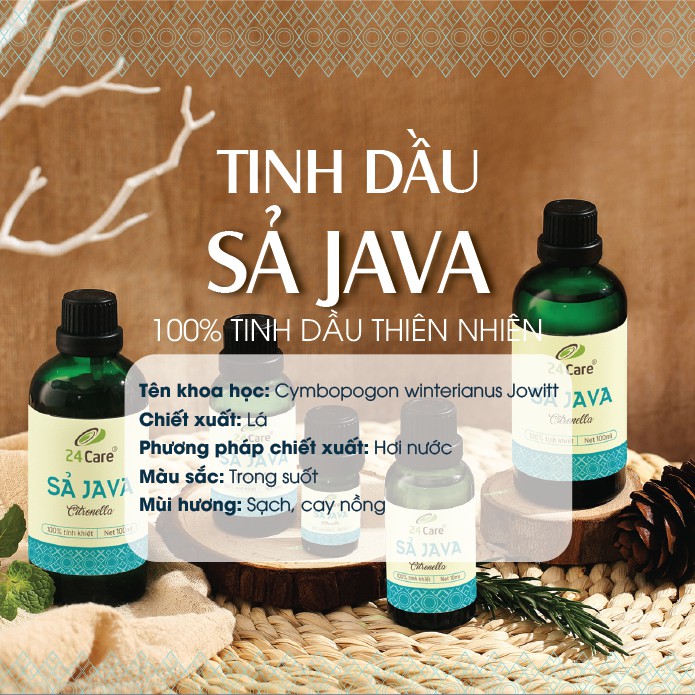 [MUA 1 TẶNG 1] Tinh dầu Sả Java 24Care nguồn gốc thiên nhiên 10ml - thơm phòng, đuổi muỗi