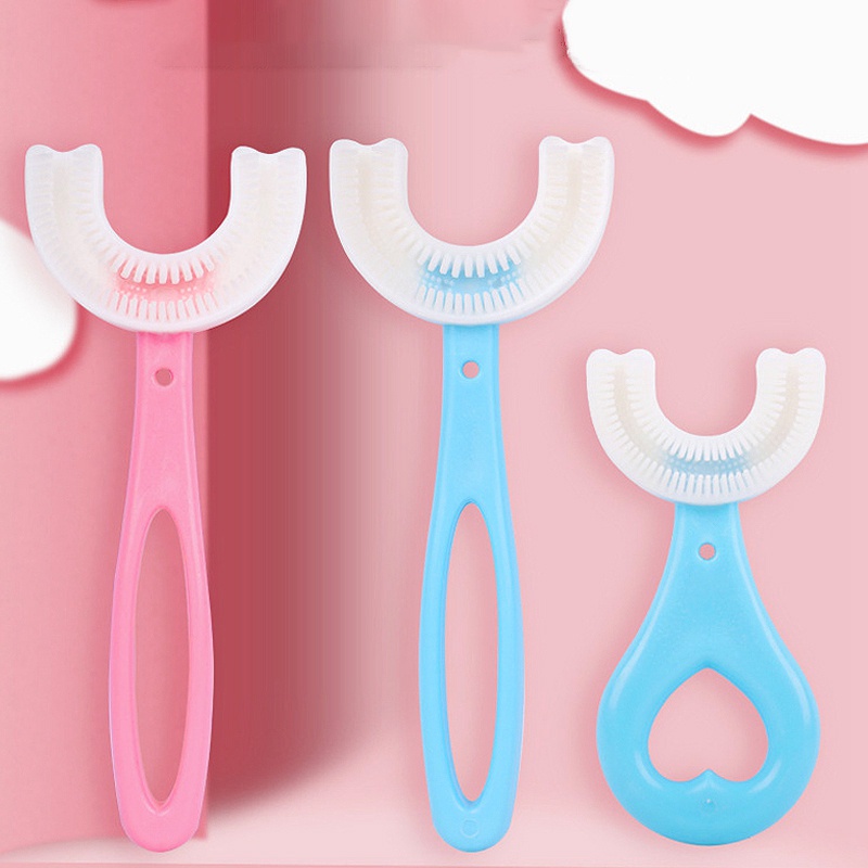 [Hàng mới về] Bàn chải đánh răng bằng silicon thiết kế hình chữ U xoay 360 độ cho bé 2-12 tuổi