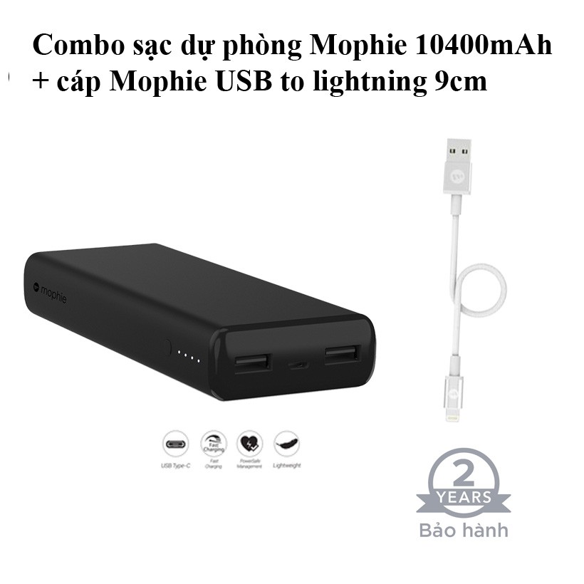 Combo Sạc dự phòng mophie Power Boost XL 10400mAh - cáp USB-A to lightning Mophie 9cm