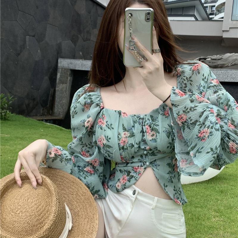 Áo thun tay dài phồng cổ vuông in họa tiết hoa thanh lịch thời trang cho nữ