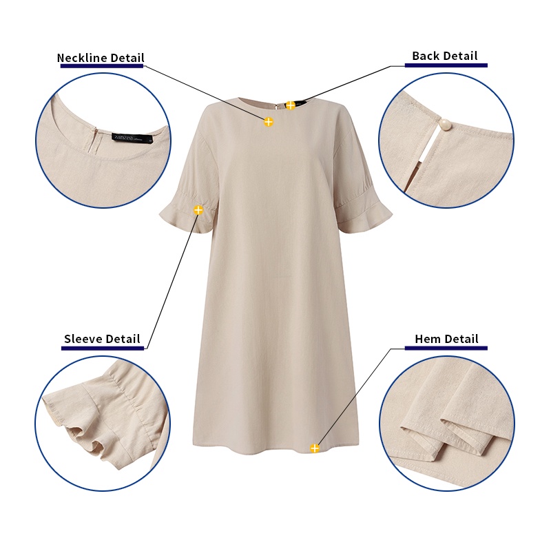 Zanzea Đầm Mini Tay Lửng Ống Loe Cổ Tròn Thời Trang Dành Cho Nữ