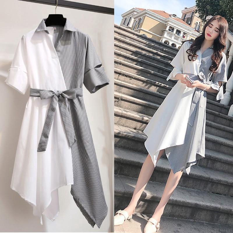 [Baywellfashion]Đầm thiết kế không đối xứng hoạ tiết kẻ sọc cổ chữ V nữ tính thanh lịch