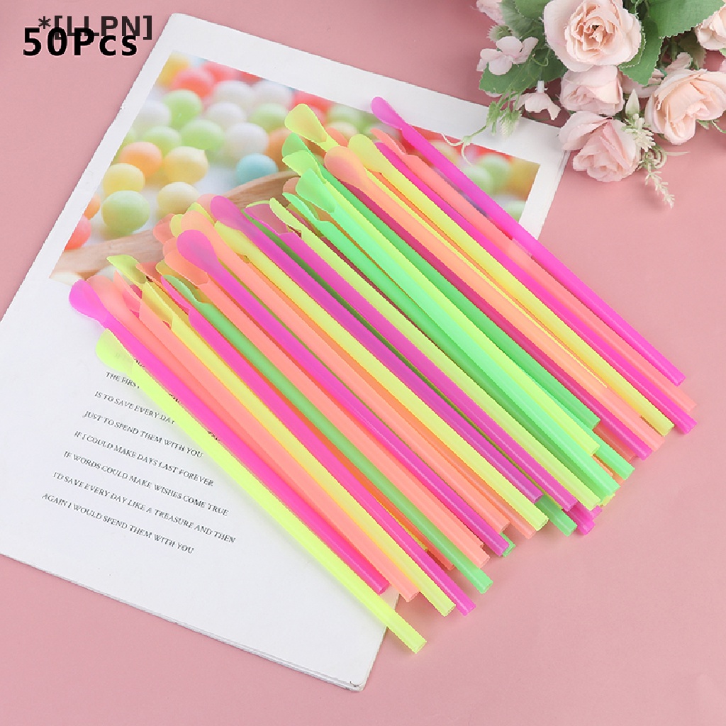 Bộ 50 Ống Hút Nhựa Nhiều Màu Dùng Một Lần Kèm Muỗng