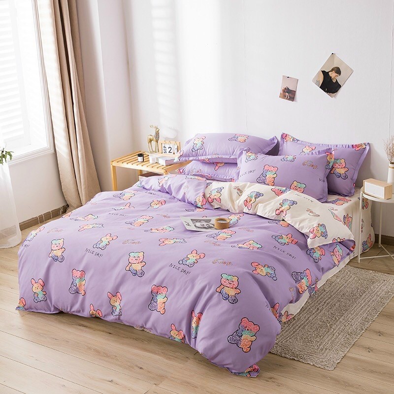 Bộ Drap &amp; Chăn Phao Cotton Poly Gấu Tím