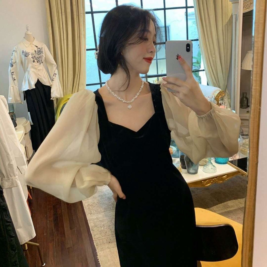 Đầm Nhung Đen Phong Cách Retro Pháp