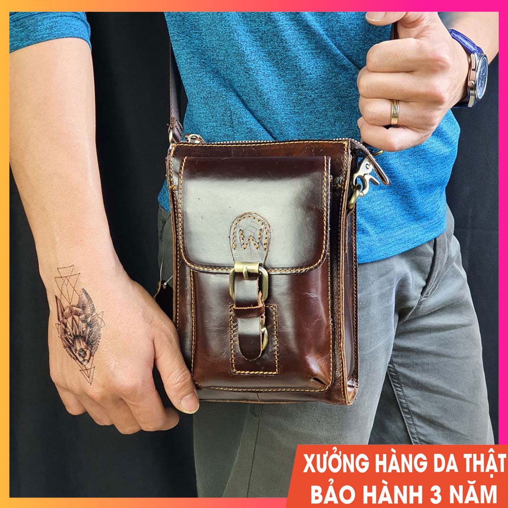 Túi đeo chéo mini da thật cho Nam kết hợp đeo hông màu Coffee (21x14cm) - TD102