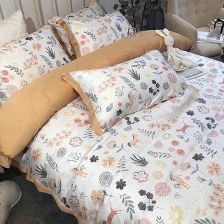 TRỌN BỘ DRAP GIƯỜNG CAO CẤP COTTON LỤA TENCEL HỌA TIẾT TRẮNG PHỐI CAM