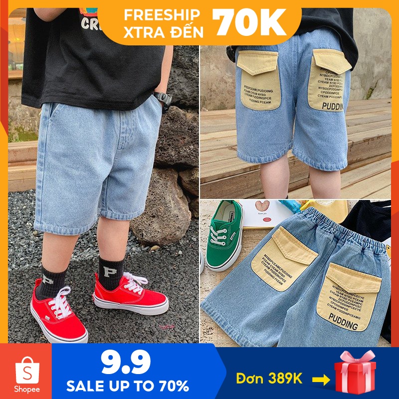 Quần short jean ngắn Magickids cho bé trai 2 3 4 5 6 7 8 tuổi form rộng Hàn Quốc phối túi in chữ Quần bò trẻ em QĐ22015