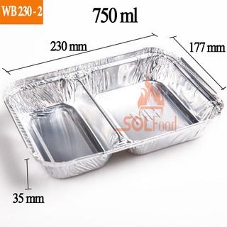 Set 50 Hộp giấy bạc (Khay nhôm có nắp) 2 ngăn đựng thực phẩm dùng 1 lần mã WB230-2 - 750ml - Có chứng nhận ATTP