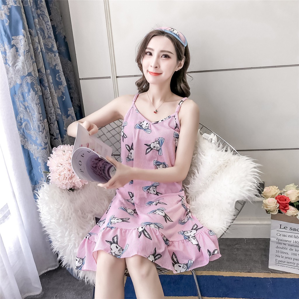 Váy 2 dây, váy mặc nhà hình thỏ kẻ sọc có 2 màu cho chị em lựa chọn Vn18