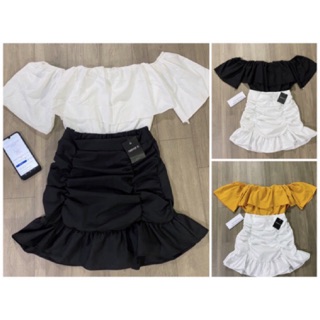 Set áo bẹt vai phối chân váy đuôi cá nhún, set chân váy đuôi cá phối áo trễ vai