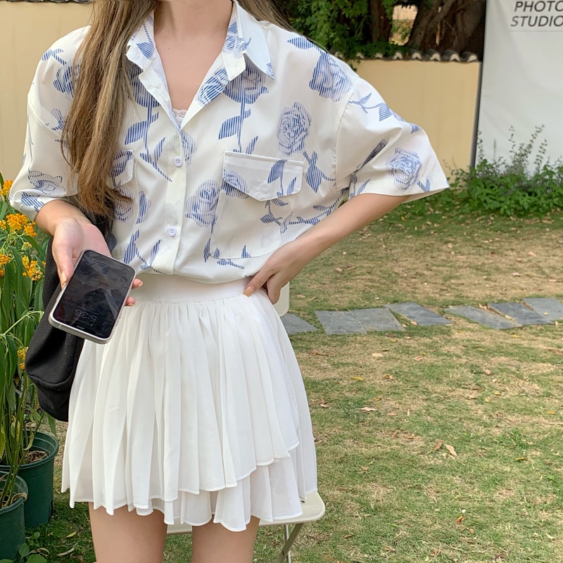 SUXI Áo sơ mi tay ngắn dáng rộng in hoa kiểu retro Hàn Quốc thời trang mùa hè cho nữ